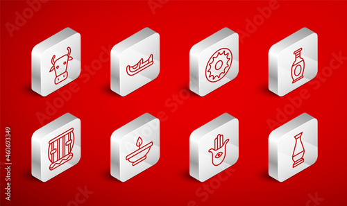 Set line Indian vase, shoes, Chakra, Hamsa hand, Cow, Aroma lamp and Instrument tabla icon. Vector