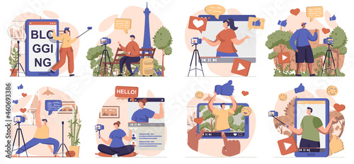 Video blogging collection of scenes isolated. People record different video clips for online channel, set in flat design. Vector illustration for blogging, website, mobile app, promotional materials.