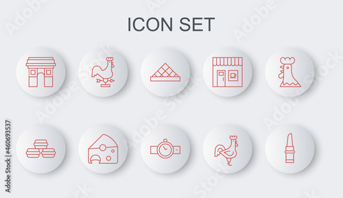 Set line Lipstick, Macaron cookie, Louvre museum, French rooster, Triumphal Arch, Rooster weather vane, Cheese and Wrist watch icon. Vector