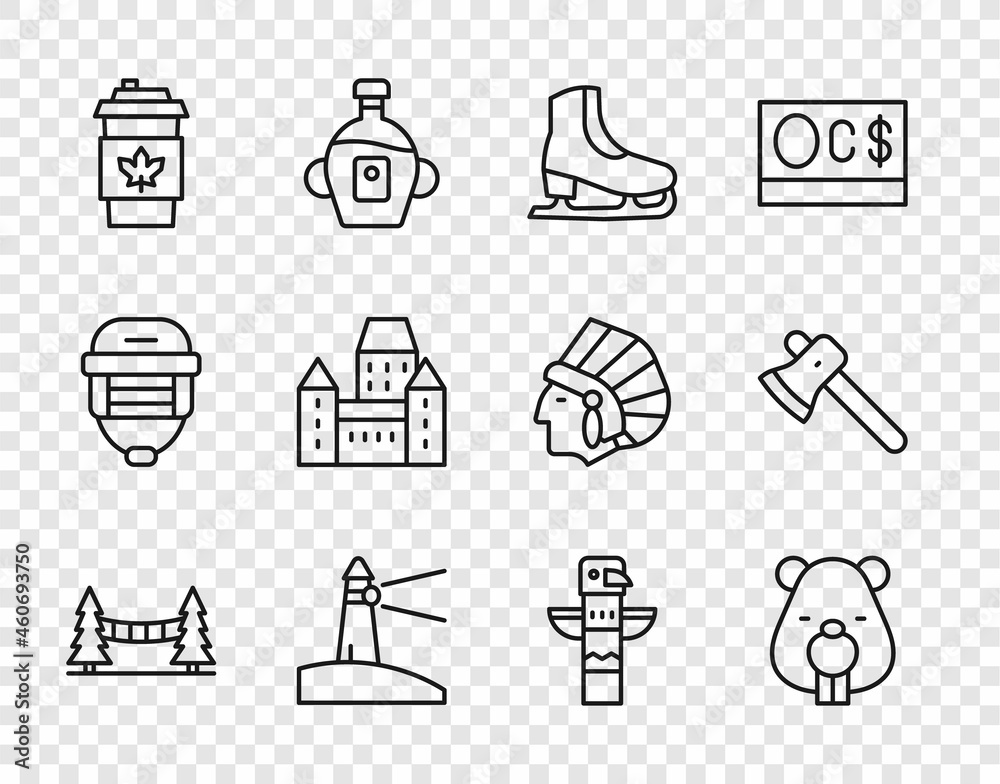 Set line Capilano Suspension Bridge, Beaver animal, Skates, Lighthouse, Coffee cup to go, Chateau Frontenac hotel, Canadian totem pole and Wooden axe icon. Vector