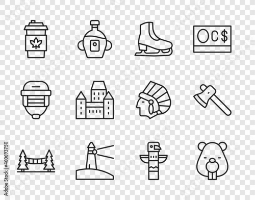 Set line Capilano Suspension Bridge, Beaver animal, Skates, Lighthouse, Coffee cup to go, Chateau Frontenac hotel, Canadian totem pole and Wooden axe icon. Vector