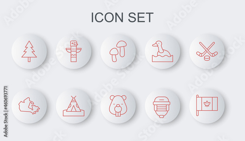 Set line Flag of Canada, map, Mushroom, Hockey helmet, Christmas tree, Canadian totem pole, Indian teepee or wigwam and Beaver animal icon. Vector