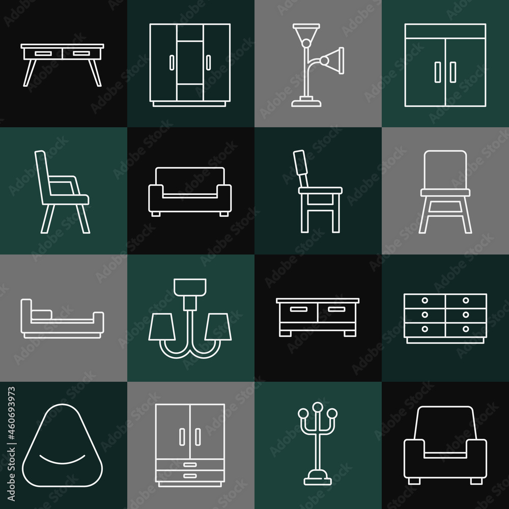 Set line Armchair, Chest of drawers, Chair, Floor lamp, Sofa, Office desk and icon. Vector Set line Armchair, Chest of drawers, Chair, Floor lamp, Sofa, Office desk and icon. Vector