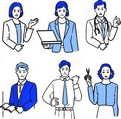 不満な表情の様々な職業の人の上半身の線画セット