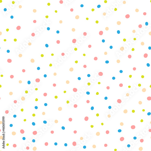 Seamless cute minimalistic childish gentle pattern with multicolored dots in pastel colors on a white background. Vector illustration background.