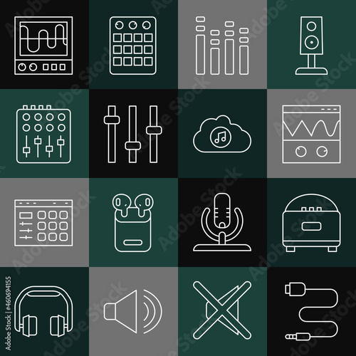 Set line Audio jack, Stereo speaker, Oscilloscope, Music equalizer, Sound mixer controller, and streaming service icon. Vector
