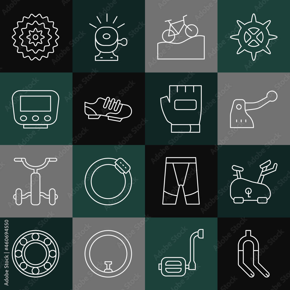Set line Bicycle fork, Stationary bicycle, brake, Mountain, shoes, speedometer, cassette and Gloves icon. Vector