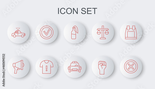 Set line X Mark, Cross in circle, Megaphone, Cocktail molotov, Raised hand with clenched fist, Police car flasher, Check mark round, T-shirt protest and icon. Vector