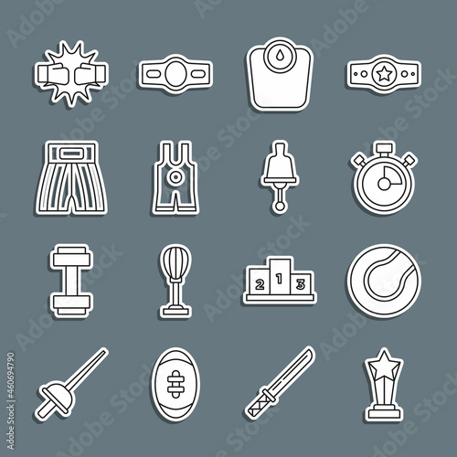 Set line Award cup, Tennis ball, Stopwatch, Bathroom scales, Wrestling singlet, Boxing short, Punch boxing gloves and Ringing bell icon. Vector