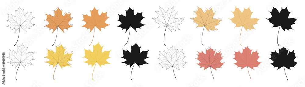 Set of autumn maple leaves isolated on white background. Flat style, outline, silhouette. Vector elements for design. Set of autumn maple leaves isolated on white background. Flat style, outline, silhouette. Vector elements for design.