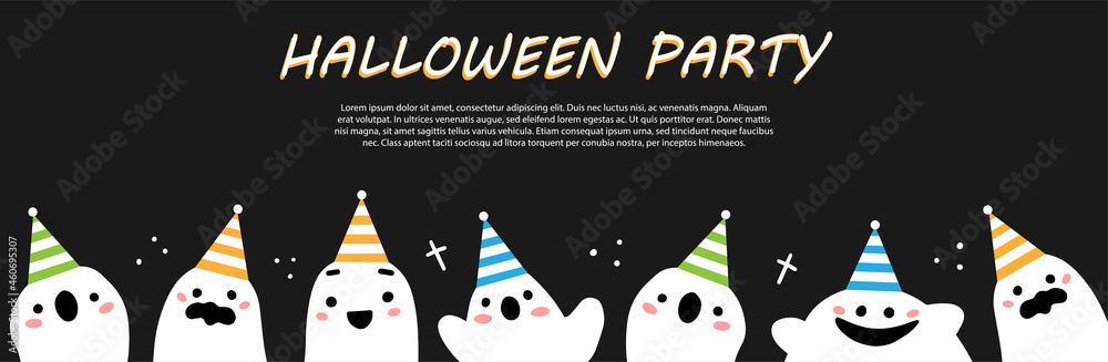 Halloween party ready banner with cute ghost characters in festive hats on a black background. Vector illustration for website design.