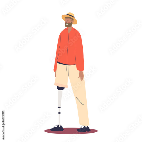 Young disabled man with prosthetic leg walk happy smiling. Handicapped man after foot amputation
