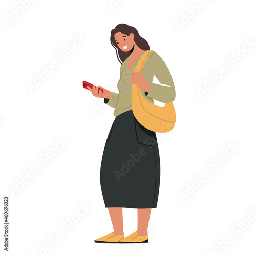 Young Woman Messaging, Student Girl Character Texting Sms or Call on Mobile Phone, Send Messages to Friends Use Cellular