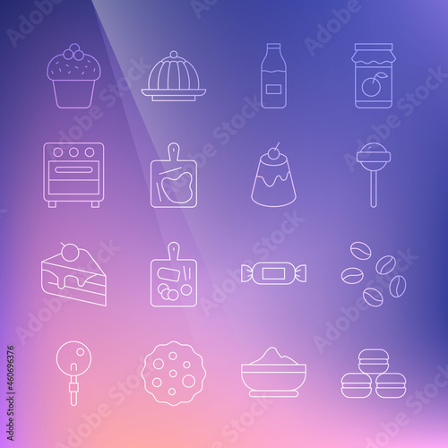 Set line Macaron cookie, Coffee beans, Lollipop, Bottle with milk, Cutting board, Oven, Cake and Pudding custard icon. Vector