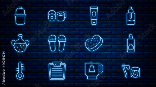 Set line Wooden axe in stump, Spray can for hairspray, Cream lotion cosmetic tube, Flip flops, Essential oil bottle, Sauna bucket, Bath sponge and Toilet paper roll icon. Vector