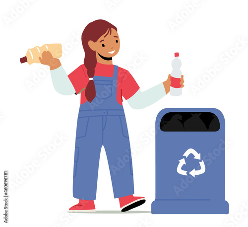 World Environment Day, Save Plane Concept. Little Girl Throw Trash to Recycling Litter Bin Isolated on White Background