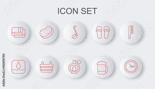 Set line Sauna clock, Water drop, ladle, Wooden beer mug, Towel stack, Bath sponge, bucket and Aftershave icon. Vector