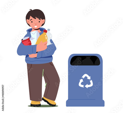 Little Boy Collect Trash, Holding Plastic Packs and Bottles Stand near Recycling Litter Bin. Boy Character Clean Up