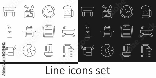 Set line Shower, Bathtub, Sauna clock, bench with bucket, Cream or lotion cosmetic tube, wood, Bathroom scales and Bar of soap icon. Vector