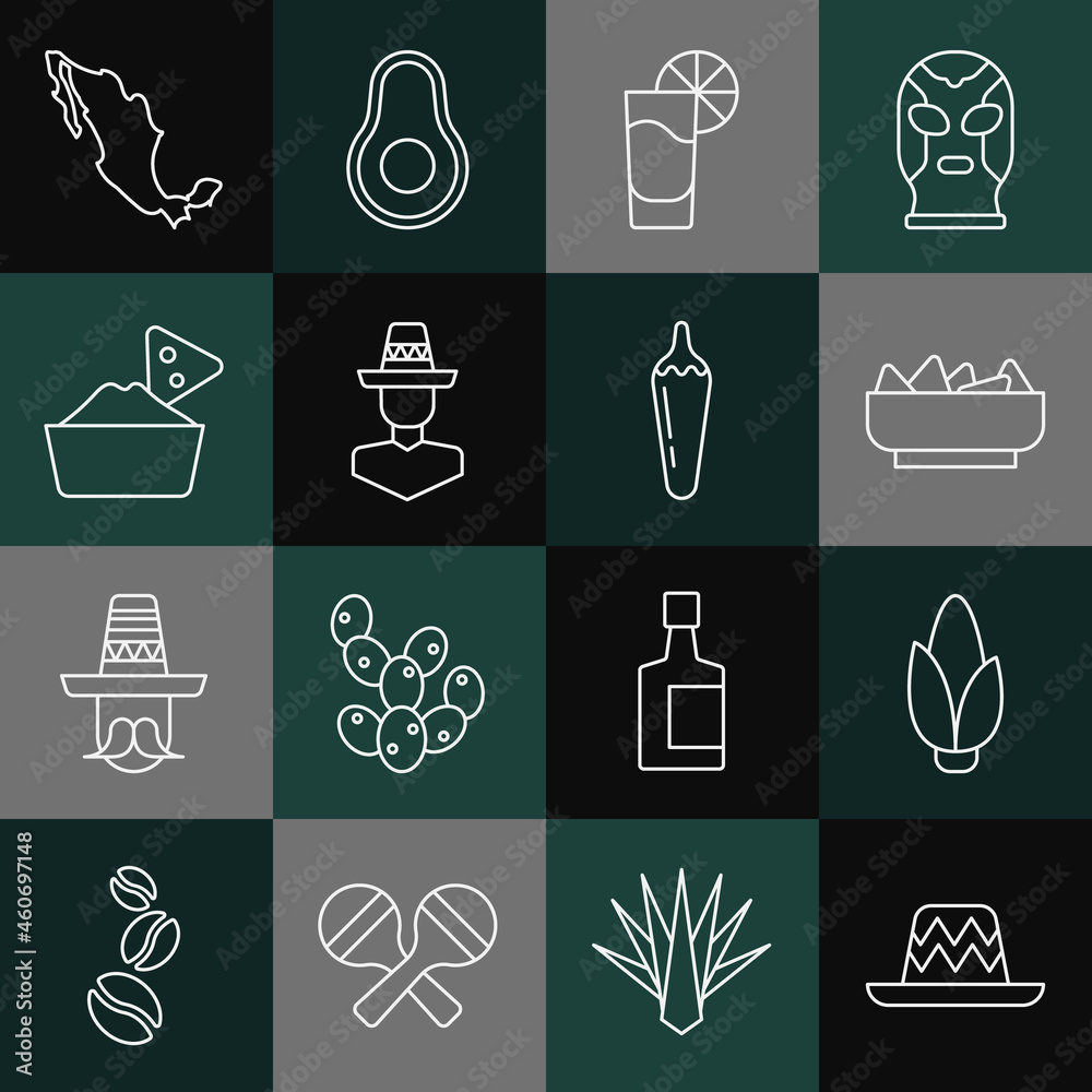 Set line Mexican sombrero, Corn, Nachos in bowl, Tequila glass with lemon, man, Map of mexican and Hot chili pepper pod icon. Vector Set line Mexican sombrero, Corn, Nachos in bowl, Tequila glass with lemon, man, Map of mexican and Hot chili pepper pod icon. Vector