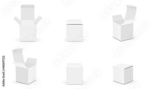Set of Paper Square Packaging Boxes with Various Views, Isolated on White Background. Vector Illustration