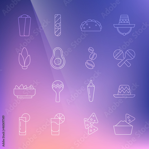 Set line Nachos in bowl, Mexican sombrero, Maracas, Taco with tortilla, Avocado fruit, Corn, Burrito and Coffee beans icon. Vector