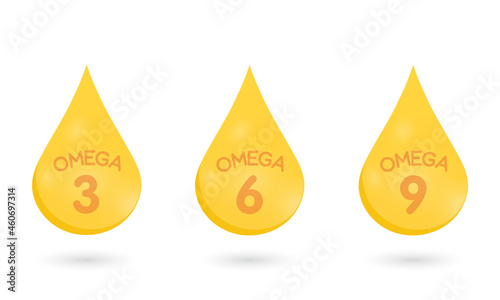 Omega 3, 6, 9, gold icon. Vitamin drop pill capsule. Shining golden essence droplet. Vector illustration.