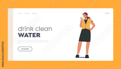 Pure Aqua Refreshment, Wellbeing and Body Care Concept for Landing Page Template. Young Female Character Drink Water