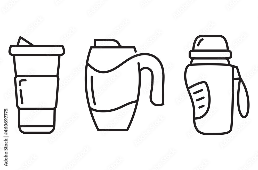 Set thermo mug,thermos cup for hot drinks. Outline vector illustration.Isolated on white background. Set thermo mug,thermos cup for hot drinks. Outline vector illustration.Isolated on white background.