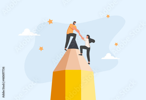 Success female entrepreneur, woman leadership or challenge and achievement concept. Creative teamwork in business vector