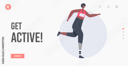 Disabled Woman Run Landing Page Template. Athlete Sportswoman Character Jogging on Bionic Leg Prosthesis, Amputee Racing