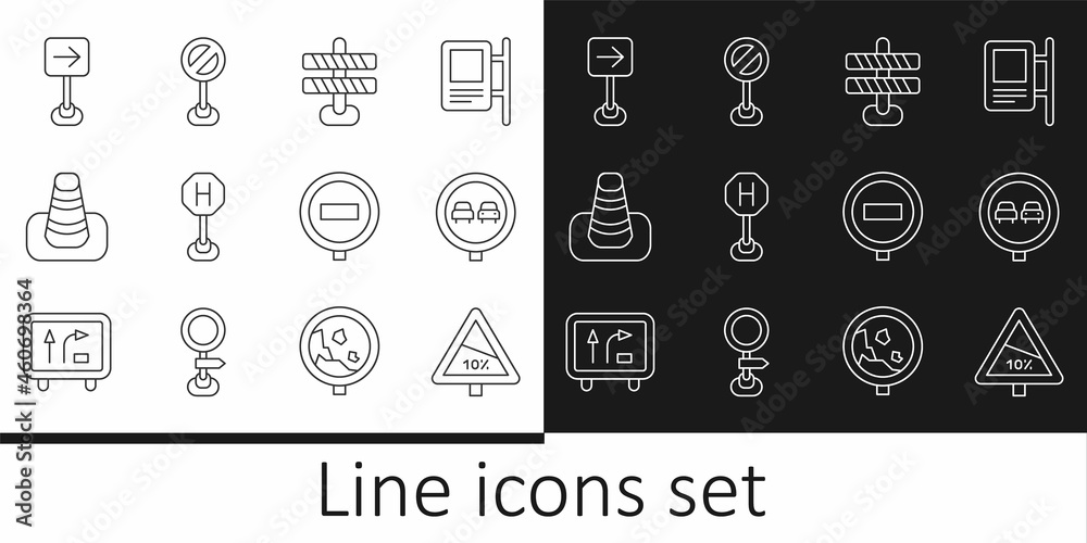Set line Steep ascent and descent road, No overtaking traffic, Road barrier, Hospital, Traffic cone, sign turn right, Stop and icon. Vector