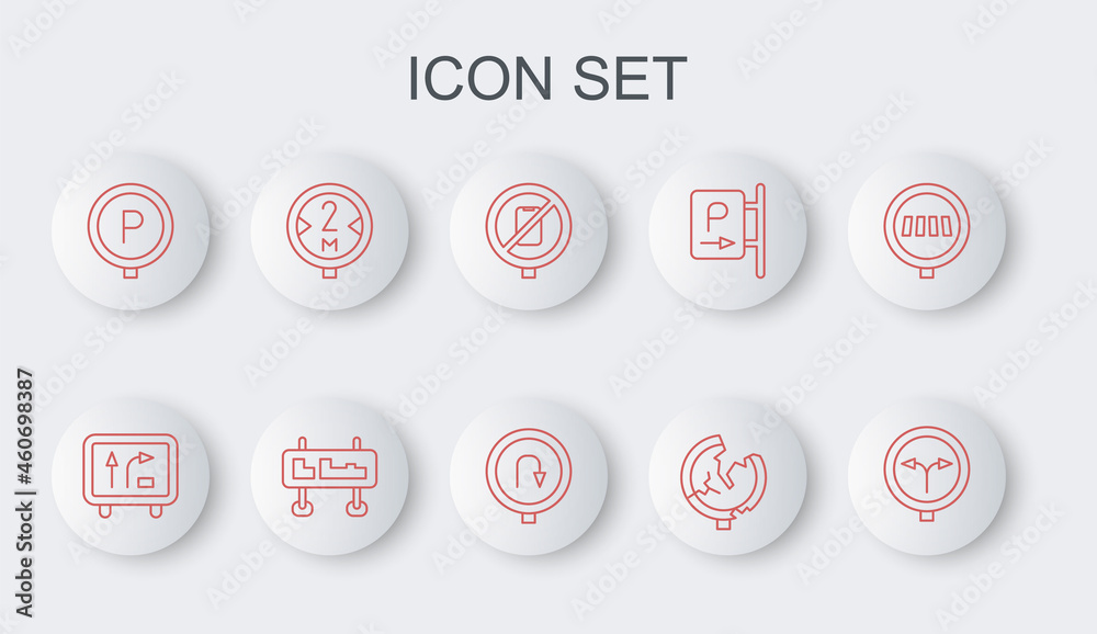 Set line Fork in the road, Road traffic sign, No cell phone, Parking, and Turn back icon. Vector Set line Fork in the road, Road traffic sign, No cell phone, Parking, and Turn back icon. Vector