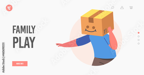Family Play Landing Page Template. Kid Having Fun Making Mess, Little Boy Wear Carton Box on Head like Robot, Baby Play