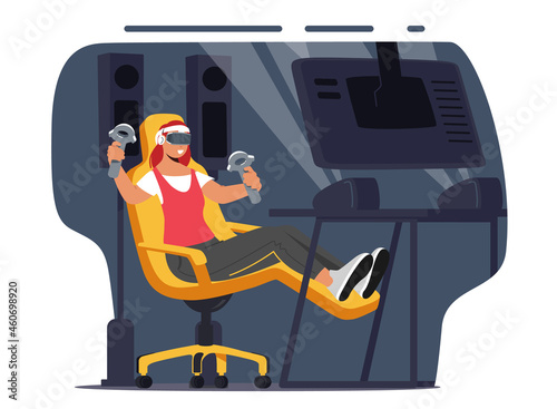 Excited Gamer Girl with Joysticks in Hands and VR Glasses Playing Computer Games with Professional Desktop and Equipment
