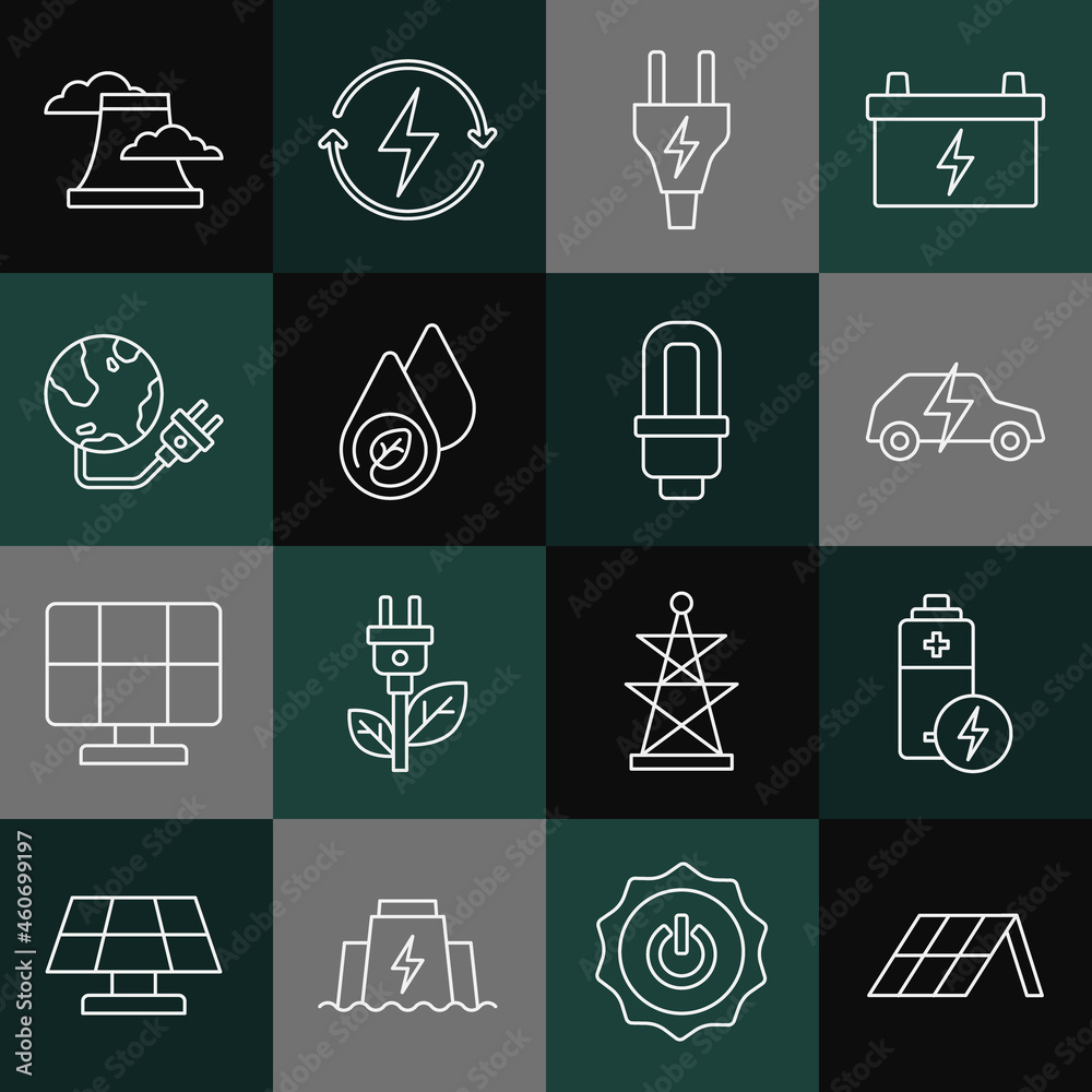Set line Solar energy panel, Battery, Electric car, plug, Water, Global power planet, Nuclear plant and LED light bulb icon. Vector Set line Solar energy panel, Battery, Electric car, plug, Water, Global power planet, Nuclear plant and LED light bulb icon. Vector