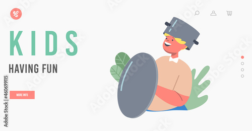 Kids Having Fun Landing Page Template. Kid Making Mess, Little Boy Wear Cooking Pan on Head like a Helmet