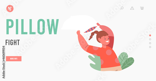 Pillow Fight Landing Page Template. Kids Makes Mess, Little Girl Fighting on Pillows, Baby Character Play. Naughty Child