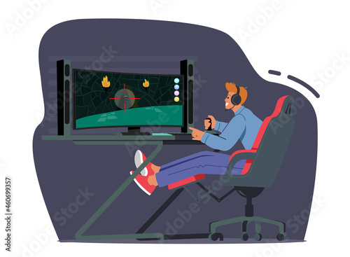 Gamer Teenager Character Playing Computer Games with Professional Desktop and Equipment. Teen in Headset and Joystick