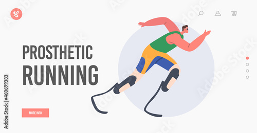 Prosthetic Running Landing Page Template. Disabled Sportsman Run. Athlete Character Jogging on Bionic Leg Prosthesis