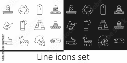 Set line Burrito, Mexican sombrero, Tequila glass with lemon, Hot chili pepper pod, Chichen Itza in Mayan and Beans icon. Vector