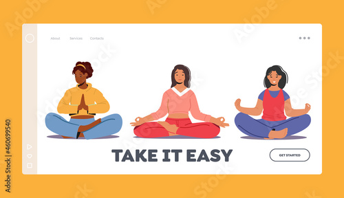 Meditating Women Landing Page Template. Multiracial Female Characters Sit in Relaxing Yoga Lotus Pose. Healthy Lifestyle