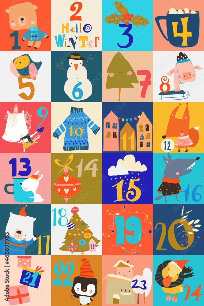 Advent calendar with christmas decoration and characters