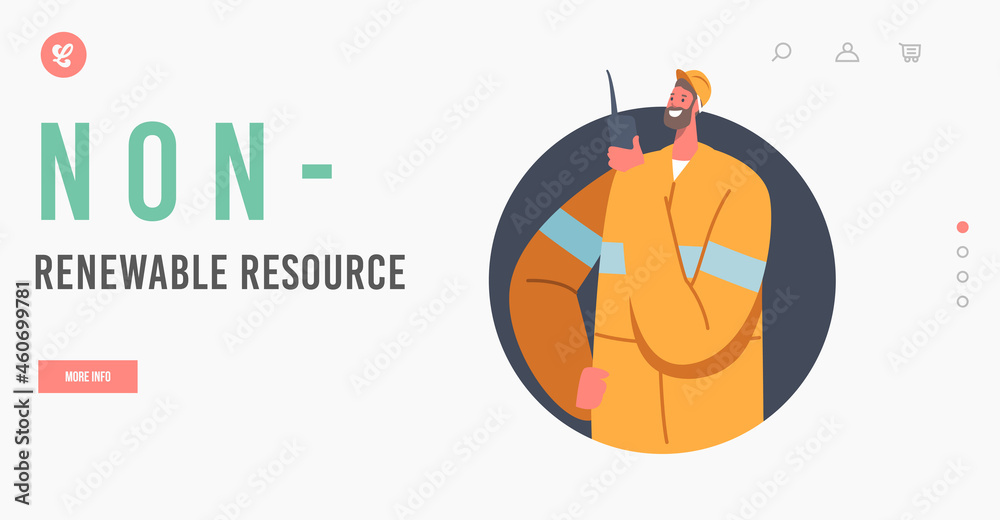 Non-renewable Resource Landing Page Template. Quarry Miner Character at Work, Coal Mining Industry Concept. Mine Worker