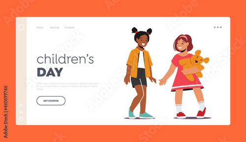 Children Day Landing Page Template. Little Girls Characters Playing and Smiling. African and Caucasian Child Friendship