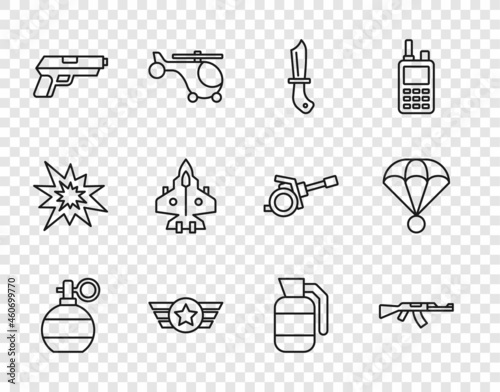 Set line Hand grenade, Submachine gun, Military knife, Star American military, Pistol or, Jet fighter, and Parachute icon. Vector