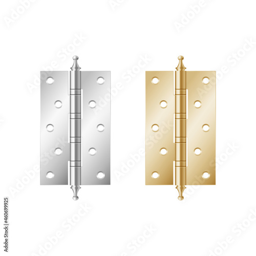 Golden and silver hinges for doors. Metal ironware with hole for fixing window or furniture