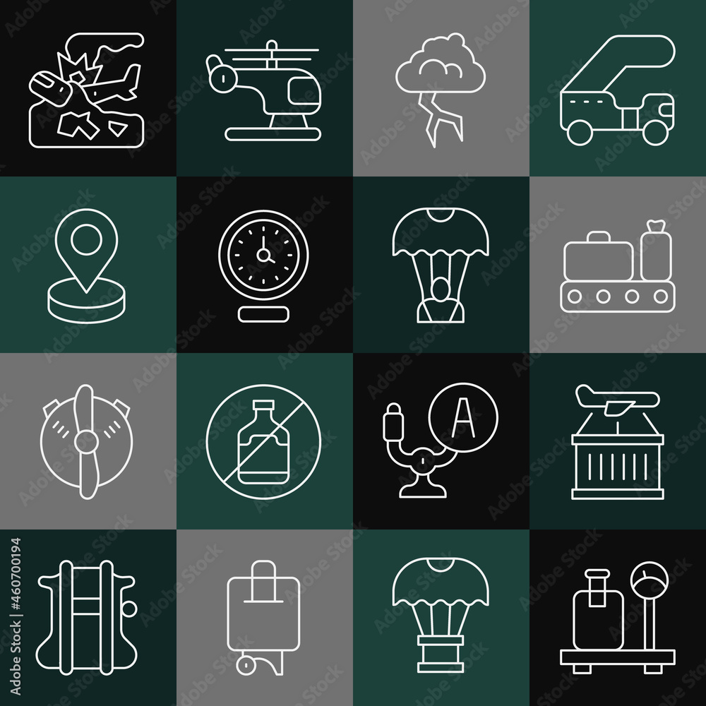 Set line Scale with suitcase, Plane, Conveyor belt, Storm, Clock, Location, crash and Parachute icon. Vector Set line Scale with suitcase, Plane, Conveyor belt, Storm, Clock, Location, crash and Parachute icon. Vector