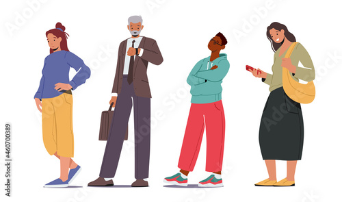 People Waiting in Queue, Male and Female Characters Stand in Line Look on Wrist Watch, Messaging or Boring. People Wait