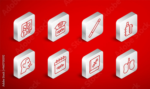 Set line Lungs, Hypnosis, Cigarette, Electronic cigarette, Book with stop, Disease lungs, No smoking days and Man coughing icon. Vector